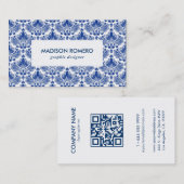 Royal Blue and White Damaskas Muster QR-Code Visitenkarte (Vorne/Hinten)