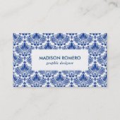 Royal Blue and White Damaskas Muster QR-Code Visitenkarte (Vorderseite)