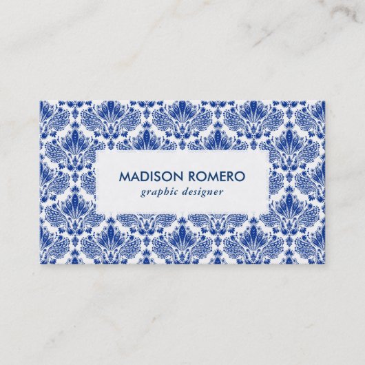 Royal Blue and White Damaskas Muster QR-Code Visitenkarte (Vorderseite)