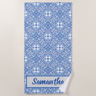 Royal Blue and White Geometric Mediterrane Tile Strandtuch