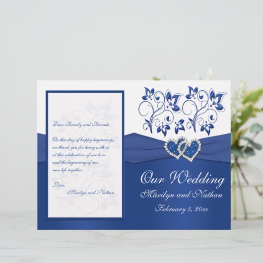 Royal Blue and White Joined Hearts Wedding Program (Stehend Vorderseite)