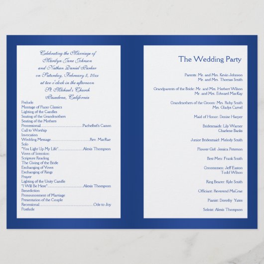 Royal Blue and White Joined Hearts Wedding Program (Rückseite)