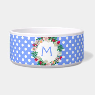 Royal Blue and White Polka Dots mit Monogram Pet Napf