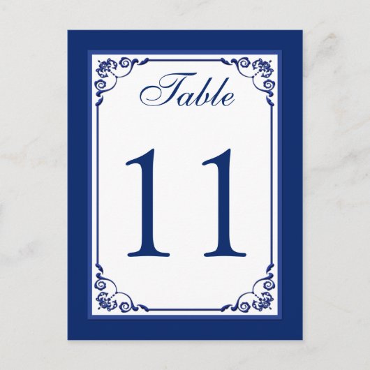 Royal Blue and White Scrolls Tischnummer Card (Vorderseite)