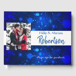 Royal Blue and White Snowflakes Winterhochzeit Gästebuch