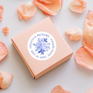 Royal Blue and White Watercolor Bouquet Wedding Runder Aufkleber