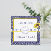 Royal Blue and Yellow Sunflows Save the Date (Stehend Vorderseite)