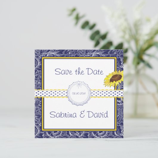 Royal Blue and Yellow Sunflows Save the Date (Stehend Vorderseite)