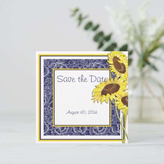Royal Blue and Yellow Sunflows Save the Date (Stehend Vorderseite)