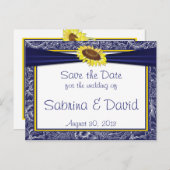 Royal Blue and Yellow Sunflows Save the Date Ankündigungspostkarte (Vorne/Hinten)