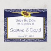 Royal Blue and Yellow Sunflows Save the Date Ankündigungspostkarte (Vorderseite)