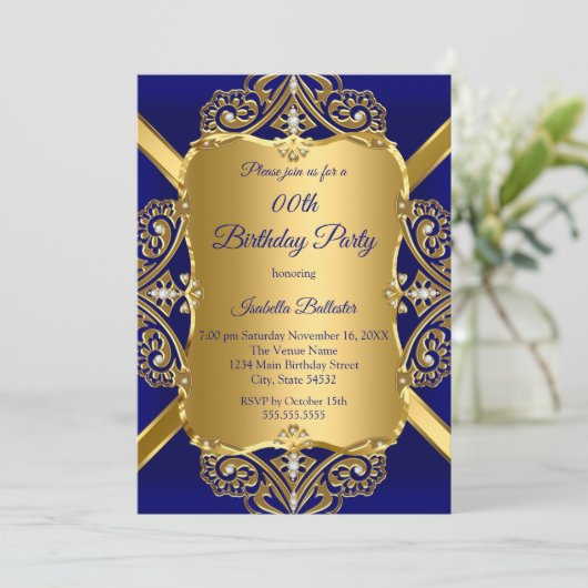 Royal Blue Any Age Birthday Party Gold Diamond 2 Einladung (Stehend Vorderseite)