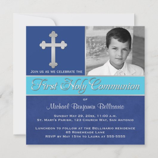 Royal Blue, Aqua 1. Foto der Heiligen Kommunion Ei Einladung (Vorderseite)