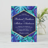 Royal Blue Aquamarin Gold Foil Tropical Blätter We Einladung (Stehend Vorderseite)