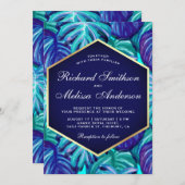 Royal Blue Aquamarin Gold Foil Tropical Blätter We Einladung (Vorne/Hinten)