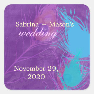 Royal Blue, Aquamarine, Lila Pfauenhochzeit Quadratischer Aufkleber