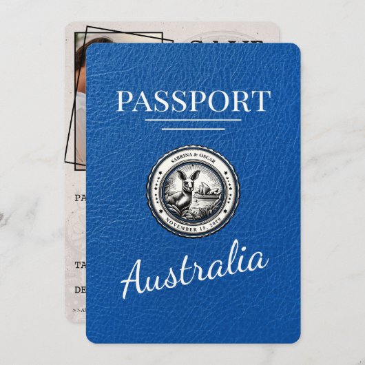 Royal Blue Australia Passport Save the Date (Vorne/Hinten)