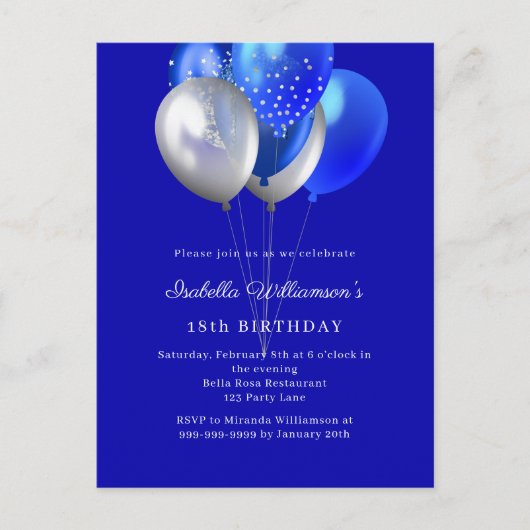 Royal blue balloons birthday einladungspostkarte (Vorderseite)