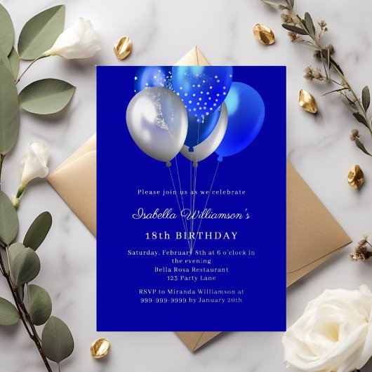 Royal blue balloons birthday silver folieneinladung