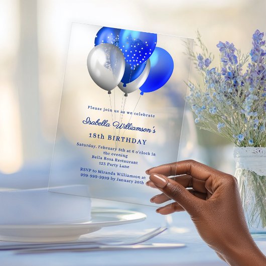 Royal blue balloons clear luxury birthday acryleinladungen