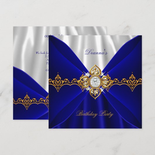 Royal Blue Birthday Gold Jewel White Silk 2 Einladung (Vorne/Hinten)