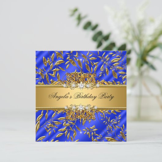 Royal Blue Birthday Party Gold Jewel Image Einladung (Stehend Vorderseite)