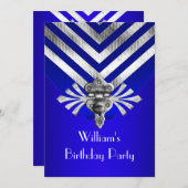 Royal Blue Birthday Party Silver Strip Einladung (Vorne/Hinten)