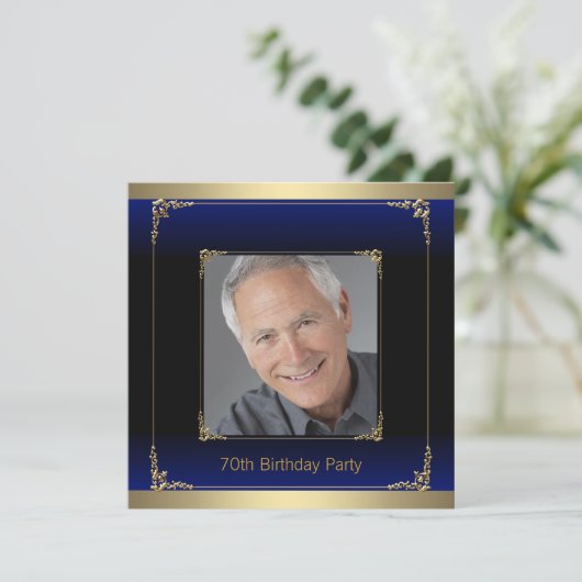 Royal Blue Black and Gold Birthday Party Einladung (Stehend Vorderseite)