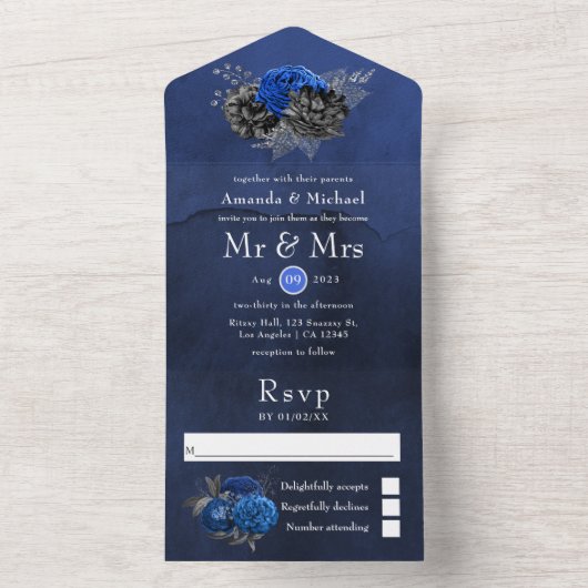Royal Blue, Black and Silver Floral Wedding All in One Einladung (Innen Boden)