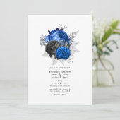 Royal Blue, Black and Silver Floral Wedding Einladung (Stehend Vorderseite)