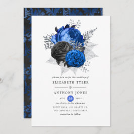 Royal Blue, Black and Silver Floral Wedding Einladung