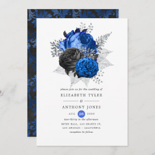 Royal Blue, Black and Silver Floral Wedding Einladung