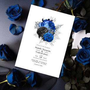 Royal Blue, Black and Silver Floral Wedding Einladung