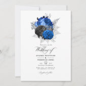 Royal Blue, Black and Silver Floral Wedding Foto Einladung (Vorderseite)