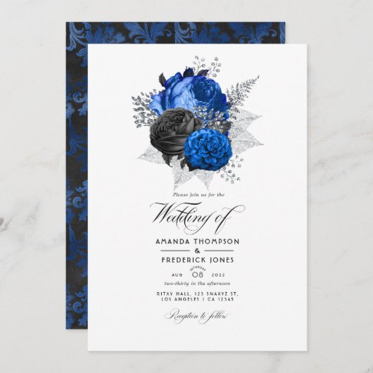 Royal Blue, Black and Silver Floral Wedding Foto Einladung (Vorne/Hinten)