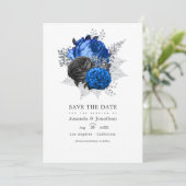 Royal Blue, Black and Silver Floral Wedding Foto Save The Date (Stehend Vorderseite)
