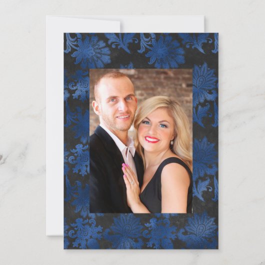 Royal Blue, Black and Silver Floral Wedding Foto Save The Date (Rückseite)
