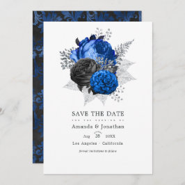 Royal Blue, Black and Silver Floral Wedding Foto Save The Date