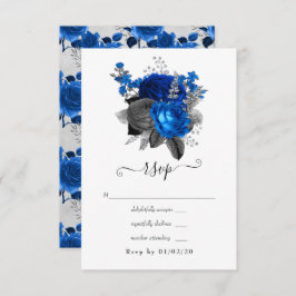 Royal Blue, Black and Silver Floral Wedding RSVP Karte