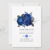 Royal Blue, Black and Silver Floral Wedding Save The Date (Vorderseite)