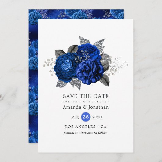 Royal Blue, Black and Silver Floral Wedding Save The Date (Vorne/Hinten)