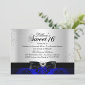 Royal Blue Black Damask Sparkle Sweet 16 Einladung (Stehend Vorderseite)