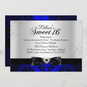 Royal Blue Black Damask Sparkle Sweet 16 Einladung (Vorne/Hinten)