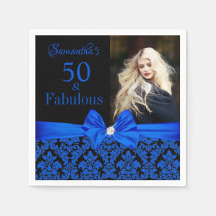 Royal Blue Black Floral Damask 50. Geburtstag Foto Serviette
