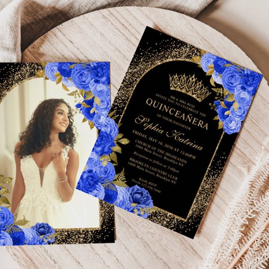 Royal Blue Black Gold Floral Foto Quinceanera Einladung