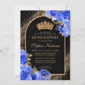 Royal Blue Black Gold Floral Foto Quinceanera Einladung (Vorderseite)