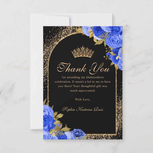 Royal Blue Black Gold Glitzer Floral Quinceanera Dankeskarte (Vorderseite)