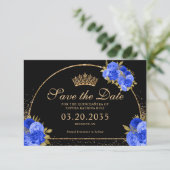 Royal Blue Black Gold Glitzer Floral Quinceanera Save The Date (Stehend Vorderseite)