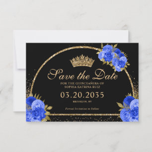Royal Blue Black Gold Glitzer Floral Quinceanera Save The Date