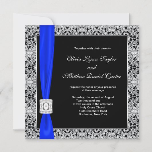 Royal Blue Black Lace Wedding Einladung (Vorderseite)